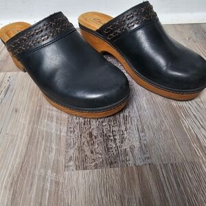 Clarks Collection Black Leather Wood Platform Clogs Mules Braided Trim Wide 7.5